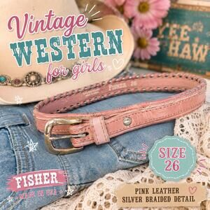 Vintage Fisher Girls Pink Leather Western Belt Silver Braided Size 26 Retro Farm